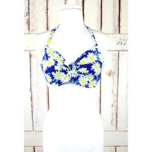 80s vintage blue and white floral daisy cotton halter top/denim canvas bra top/b